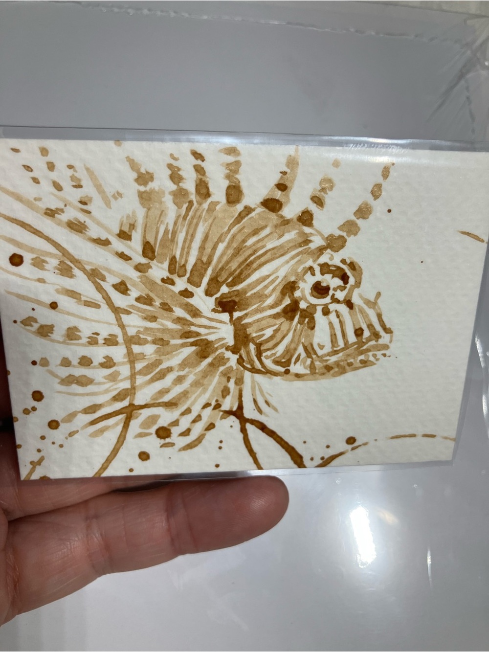 Aceo original Lion fish coffee painting ATC Java mini art gift or treat yourself